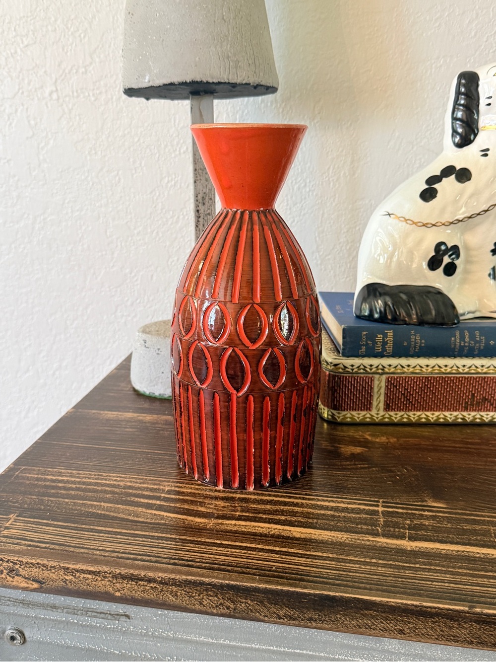 Mid‑Century Modern Italian Textured Ceramic Vase – Deep Orange & Black Glaze - Picture 9 of 13